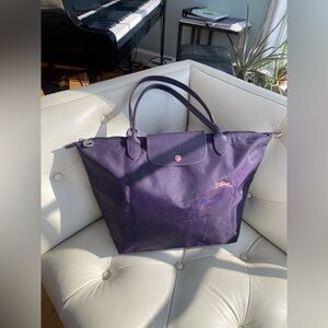 Longchamp Paris Le Pliage Large Original Tote Bag in Royal Purple Nylon/Leather
